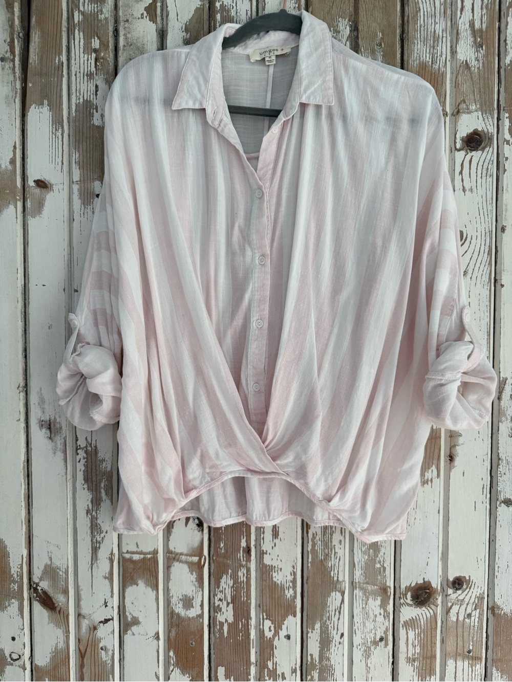 Umgee Light Pink and White Striped Button-Front Women's Top, XL